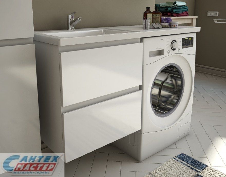 Тумба ESTET LUX Эстет Dallas Luxe 130х48.2 см, с раковиной столешницей над стиральной машиной, с левым крылом, подвесная, 2 ящика, прямоугольная, литьевой мрамор, цвет белый, без отверстиея под смеситель