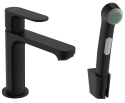 Смеситель для раковины Hansgrohe Rebris S 110, с гигиеническим душем/лейкой, однорычажный, фиксированный излив, длина 13,3 см, керамический, латунь, цвет матовый черный, шланг для душа 160 см, для биде