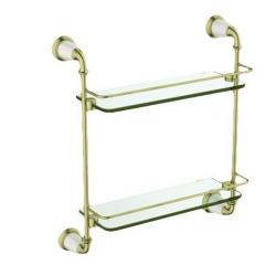 Полка стеклянная двойная Art&Max Bianchi, настенная, латунь/стекло, форма прямоугольная, под зеркало в ванную/туалет/душевую кабину, цвет золото