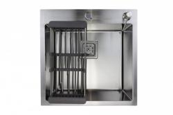 Мойка кухонная Siriusline, 50х50 см, врезная, нержавеющая сталь, квадратная, цвет: сатин, с отверстием под смеситель, в комплекте: коландер, дозатор, сифон квадратный слив SL5050-KV