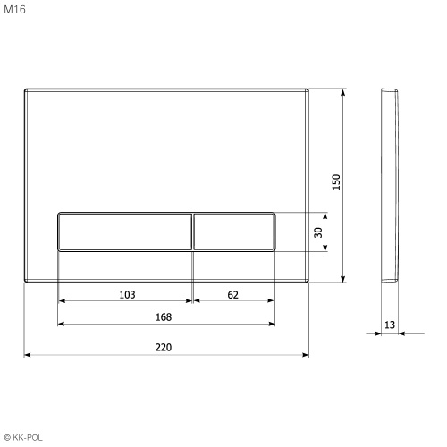 Кнопка смыва KK-POL M16, прямоугольная, цвет медь брашированная, пластик, клавиша управления для сливного бачка, инсталляции унитаза, двойная, механическая, панель, универсальная, размер 15х22х1,3 см