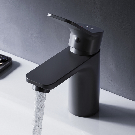 Смеситель для раковины Am.Pm X-Joy однорычажный, излив короткий, длина 100 мм, керамический, латунь, цвет черный матовый, без донного клапана