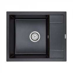 Мойка кухонная Paulmark OPTIMUM, 60х50х20 см, врезная, кварцевый композит, прямоугольная, цвет черный металлик, без отверстия под смеситель, без крыла, слив-перелив, врезная в столещницу, для кухни