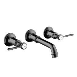 Смеситель для раковины Axor Montreux, на 3 отверстия, двухвентильный, с рычаговыми рукоятками, скрытого монтажа, настенный, фиксированный излив, длина излива 16,5-22,5 см, керамический, латунь, цвет полированный черный хром, незапираемый сливной набо