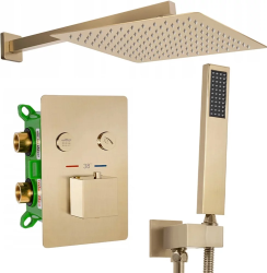 Душевая система встраиваемая REA DAVIS, цвет золото матовое, комплект: термостатический смеситель/тропический душ (с верхней лейкой)/лейка/шланг