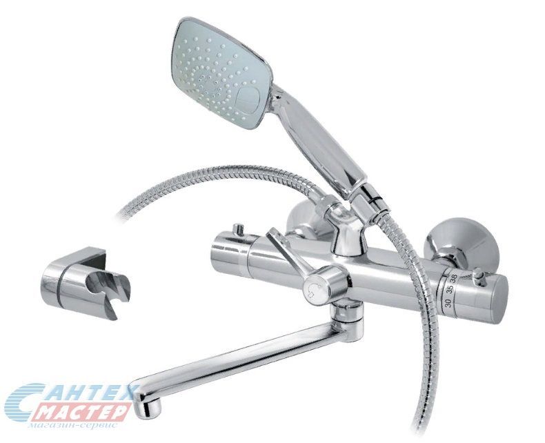 Смеситель для ванны/душа Варион Каскад термостатный, керамический, настенный, излив поворотный 180 мм, с гибким шлангом, душем/лейкой, латунь, цвет хром, короткий, универсальный, горизонтальный, кран, комплект, сантехника, размер, характеристики