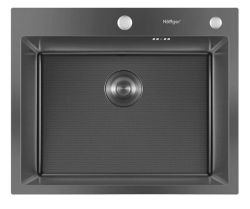 Мойка кухонная Hoffger 6050T врезная, Black (черная) 600х500х225 мм нержавеющая сталь, с PVD покрытием, декор соты, с отверстием под смеситель, без крыла, слив-перелив