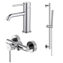 Комплект смесителей Aquatek Европа 3 в 1 хром, смеситель для душа без излива, раковины, душевой гарнитур, однорычажный, латунь