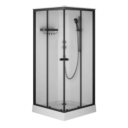 Душевая кабина AM.PM X-Joy 90x90 см поддон низкий, квадратная, стекло прозрачное 4 мм, заднее белое, с верхним душем, профиль черный матовый, без гидромассажа, с крышей