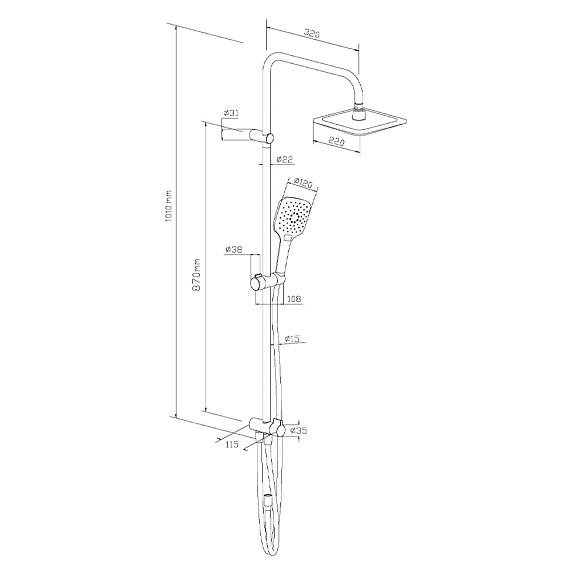 Душевой гарнитур Damixa Eclipse высота 1010 мм, цвет хром, без смесителя, комплект: тропический душ (с верхней лейкой)/стойка/лейка/шланг, настенная, нержавеющая сталь/ABS-пластик/ПВХ