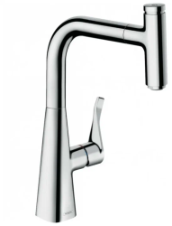 Смеситель для кухни/мойки Hansgrohe Metris Select M71, 240 sBox 1jet, однорычажный, керамический, с поворотным/вытяжным изливом, длина 20,8 см, латунь, цвет хром