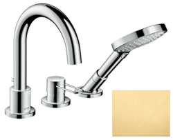 Смеситель для ванны Axor Uno на борт ванны однорычажный, с рукояткой-петлей, неповоротный, латунный, длина излива 17,5 см, керамический, цвет шлифованное золото, с душевым шлангом/лейкой, на 3 отверстия