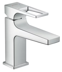 Смеситель для раковины Hansgrohe Metropol 100 с рукояткой-петлей, однорычажный, фиксированный излив, длина 12,7 см, керамический, латунь, цвет хром, со сливным клапаном Push-Open, для маленьких раковин