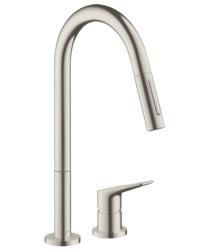 Смеситель для кухни/мойки Axor Citterio M 220 Eco, однорычажный, на 2 отверстия, керамический, с поворотным/вытяжным изливом, длина 22,1 см, латунь, цвет под сталь, кухонный