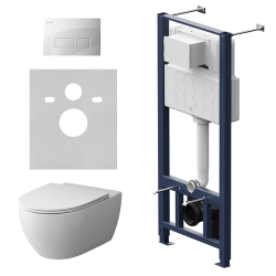 Комплект унитаза с инсталляцией AM.PM Awe, c сиденьем микролифт, с клавишей смыва (кнопкой, клавишей двойного смыва) белый, система для подвесного унитаза, со скрытым смывным бачком (бак), с подвесным унитазом