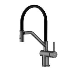 Смеситель для кухни/мойки Raglo R86.41.09 однорычажный, поворотный, керамический картридж, съемный/гибкий излив на магните, длина излива 225 мм, нержавеющая сталь/силикон, цвет графит/черный