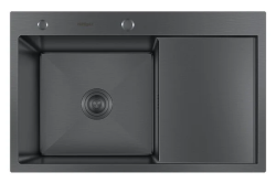 Мойка кухонная Hoffger 7850L врезная, Black (черная) 780х500х225 мм нержавеющая сталь, крыло справа, прямоугольная, с PVD покрытием, с отверстием под смеситель, слив-перелив