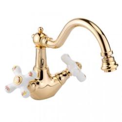 Смеситель для биде Migliore Provance, двухвентильный, поворотный, длина 190 мм, керамический, латунь, цвет золото/белый с декором