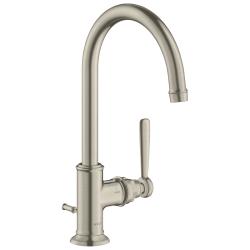 Смеситель для раковины Axor Montreux 210, однорычажный, с рычаговой рукояткой, поворотный излив, длина излива 17,5 см, керамический, латунь, цвет шлифованный никель, со сливным гарнитуром