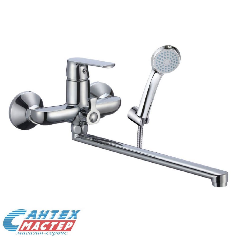 Смеситель для ванны/душа Osgard Dalalven однорычажный, керамический, настенный, излив поворотный 390 мм, с гибким шлангом, душем/лейкой, латунь, цвет хром, длинный, универсальный, горизонтальный, рычажный, кран, комплект, сантехника, размер