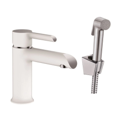 Смеситель для раковины/умывальника Haiba, с гигиеническим душем, однорычажный, неповоротный, латунь, длина излива 120 мм, керамический, цвет белый/хром