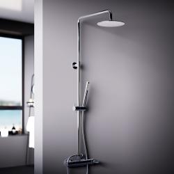 Душевая система Damixa Scandinavian Pure, высота 1050-1450 мм, цвет хром, комплект: смеситель/тропический душ круглый (с верхней лейкой)/стойка/лейка/шланг