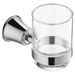 Стакан Art&Max Liberty с держателем, настенный, латунь/стекло, форма округлая, для зубных щеток в ванную/туалет/душевую кабину, цвет хром, к стене