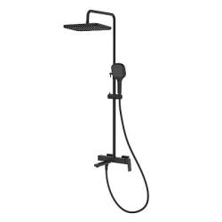 Душевая система Raglo R30.24.06 со смесителем, высота 630-1280 мм цвет черный, комплект: однорычажный смеситель/излив/тропический душ прямоугольный (с верхней лейкой)/лейка/стойка/шланг, нержавеющая сталь/латунь