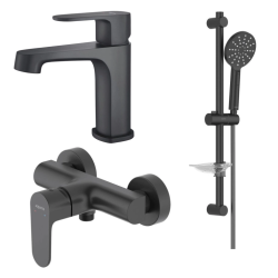 Комплект смесителей Aquatek Оберон 3 в 1 черный матовый, смеситель для душа, раковины, душевой гарнитур, однорычажный, латунь/нержавеющая сталь