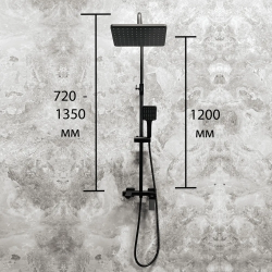 Душевая система Haiba, настенная, высота- 1250 мм, цвет черный, комплект: однорычажный смеситель/излив/тропический душ (с верхней лейкой)/лейка/держатель лейки/штанга/шланг, латунь, наружного монтажа