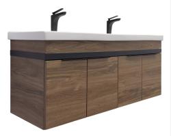 Тумба с раковиной Comforty Дуэт 125, 125х60х47 см, подвесная, 4 распашные дверцы, ЛДСП/МДФ, прямоугольная, цвет- дуб тёмно-коричневый/раковина Гармония 125, двойная, прямоугольная, цвет белый, встраиваемая