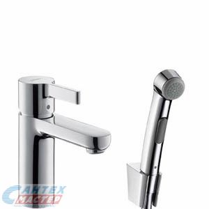 Смеситель для раковины Hansgrohe Metris S с гигиеническим душем/лейкой, однорычажный, излив короткий, длина 108 мм, керамический, латунь, цвет хром, без донного клапана