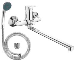 Смеситель для ванны/душа Voda Fin однорычажный, настенный, поворотный, керамический картридж, длина излива 350 мм, с гибким шлангом, лейкой, латунь, цвет хром FN31