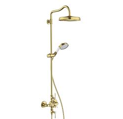 Душевая система Axor Montreux Showerpipe 240 1jet, высота 123,9 см, цвет: полированное золото, комплект: ручной душ/верхний душ/термостат для душа/шланг для душа/держатель для душа/душевая штанга, наружного монтажа, настенная, латунная