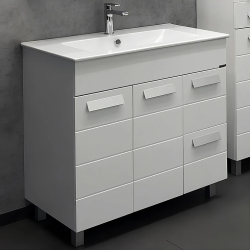 Тумба с раковиной Comforty Модена 90М, 91х87,5х46,5 см, напольная, 2 выдвижных ящика/1 распашные дверцы, ЛДСП/МДФ, прямоугольная, цвет- белый матовый/раковина Quadro 90, прямоугольная, цвет белый, встраиваемая