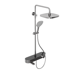 Душевая система Abelsberg Intensa с термостатом, высота 900−1300 мм цвет глянцевый хром, комплект: смеситель/излив/тропический душ прямоугольный (с верхней лейкой)/лейка/стойка/шланг, латунь/ABS-пластик