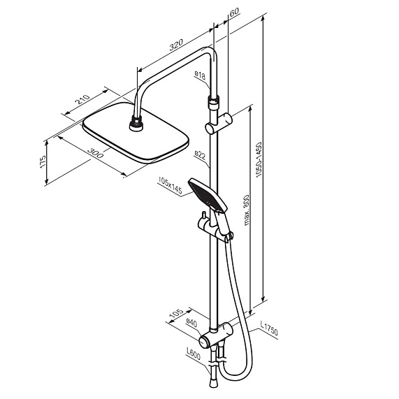 Душевой гарнитур Damixa Gala высота 1050-1450 мм, цвет хром, без смесителя, комплект: тропический душ прямоугольный (с верхней лейкой)/стойка/лейка/шланг, настенная, латунь/пластик