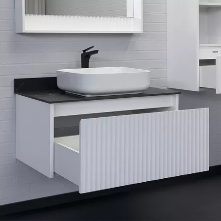 Тумба с раковиной Comforty Марсель 90, 90х53х50 см, подвесная, 1 выдвижной ящик, ЛДСП/МДФ, прямоугольная, цвет- белый матовый/черный мрамор/раковина COMFORTY T-Y9378, прямоугольная, цвет белый, накладная