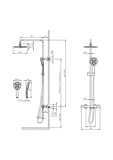 Душевая система Cersanit OLIVA (смеситель термостатический) 3 режима шланг 150 металл, цвет черный матовый, комплект: термостатический смеситель/тропический душ