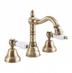 Смеситель для биде Cezares First, на 3 отверстия, двухвентильный, низкий, длина излива 155 мм, неповоротный, керамический, латунь, цвет бронза, с донным клапаном