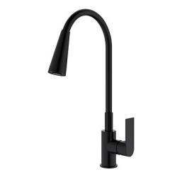 Смеситель для кухни/мойки Splenka S05.43.06 однорычажный, поворотный/гибкий излив, 2 режима поток воды и душ, керамический, высота 257 мм, длина 211 мм, латунь/силикон, цвет черный