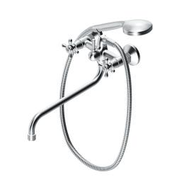 Смеситель для ванны/душа Dorff Vintage двухвентильный, керамический, настенный, излив поворотный 350 мм, с гибким шлангом/лейкой, латунь хром