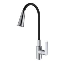 Смеситель для кухни/мойки Splenka S05.43 однорычажный, поворотный/гибкий излив, 2 режима поток воды и душ, керамический, высота 257 мм, длина 211 мм, латунь/силикон, цвет хром/черный