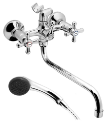 Смеситель для ванны/душа Esko Vienna двухвентильный, керамический, настенный, излив поворотный 375 мм, с гибким шлангом, душем/лейкой, латунь хром, длинный, универсальный, горизонтальный, вентильный, кран, комплект, сантехника, размер, характеристики