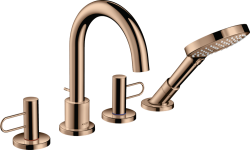 Смеситель для ванны Axor Uno на борт ванны двухвентильный, с рукояткой-петлей, поворотный, латунный, длина излива 17,5 см, керамический, цвет полированное красное золото, с душевым шлангом/лейкой, на 4 отверстия
