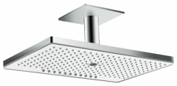 Верхний душ Hansgrohe Rainmaker Select 460, потолочный монтаж, прямоугольный, с 3 режимами: Rain, RainStream, MonoRain, размер 46,6х30 см, нержавеющая сталь/стекло, цвет хром/белый