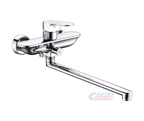 Смеситель для ванны/душа Wasserkraft Dinkel однорычажный, керамический, настенный, излив поворотный 322 мм, с гибким шлангом, душем/лейкой, латунь, цвет хром, длинный, универсальный, горизонтальный, рычажный, кран, комплект, сантехника, размер