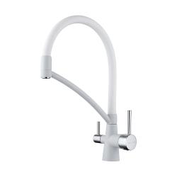 Смеситель для кухни/мойки Paulmark Siegen, с подключением к фильтру/биканальный, однорычажный, поворотный/гибкий излив, керамический картридж, высокий, длина излива 225 мм, латунь, цвет белый матовый/хром