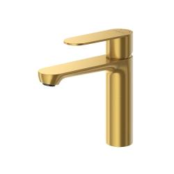 Смеситель для раковины Cezares Stylus однорычажный, низкий, длина излива 134 мм, неповоротный, керамический, нержавеющая сталь, цвет брашированное золото, с донным клапаном