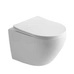 Унитаз подвесной OLIVE'S Plaza, БЕЛЫЙ, горизонтальный (прямой, в стену) выпуск, безободковый, с быстросьемным сиденьем микролифт, с крышкой (сиденье) ДЮРОПЛАСТ 